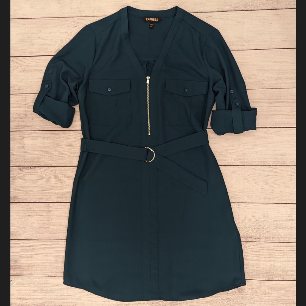 Express Roll-Sleeve Zip-Up Shirt Dress S